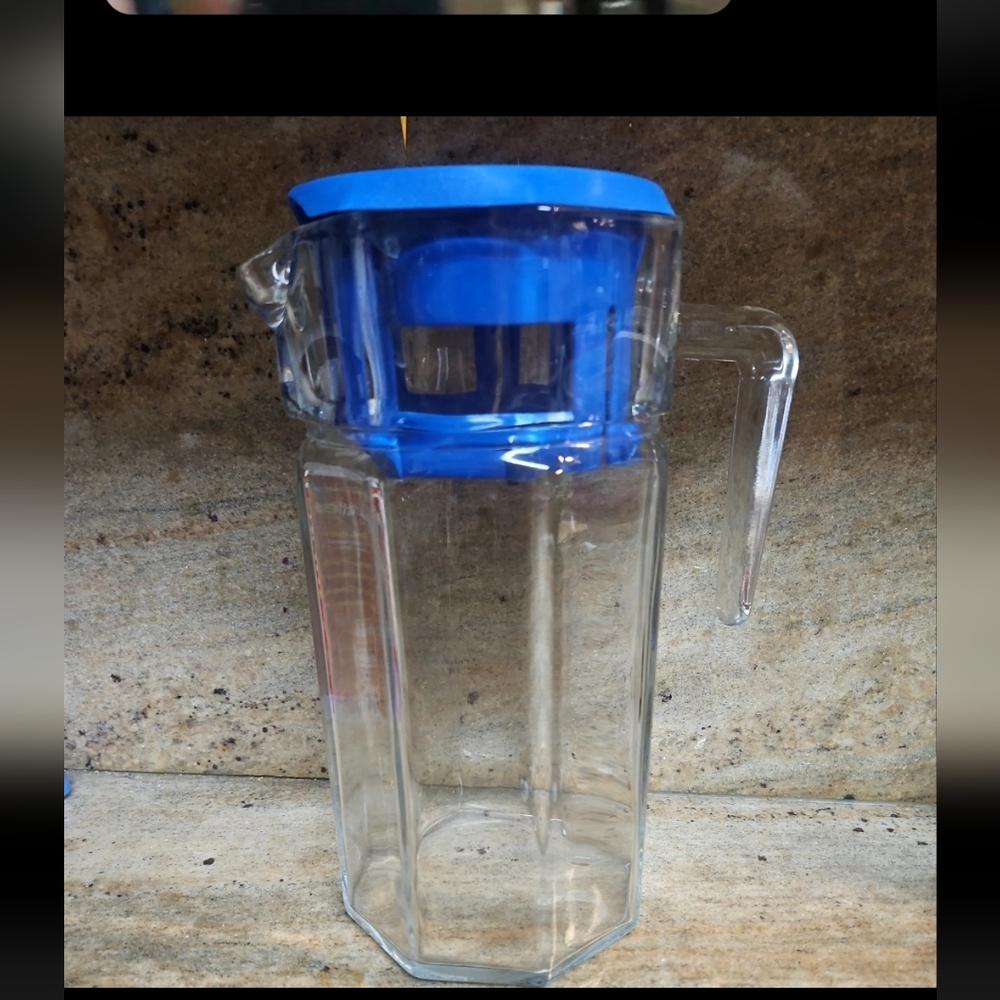 Pasabahce Turkey Glass Pitcher 9" Octagon Carafe Blue Lid 40 oz Refrigerator Jug